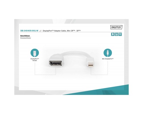 Перехідник mini DP to DP, M/F, 0.15m, white Digitus (DB-340405-001-W)
