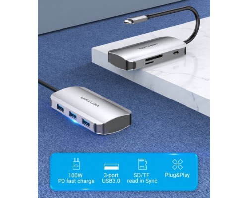 Концентратор Vention USB3.1 Type-C --> USB 3.0x3/SD/TF/PD 100W Hub 6-in-1 (TNHHB)