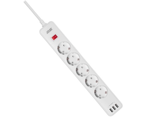 Мережевий фільтр живлення 2E 5XSchuko, 3G*1.5мм, 3*USB-A, 2м, white (2E-SP515M2USBWH)