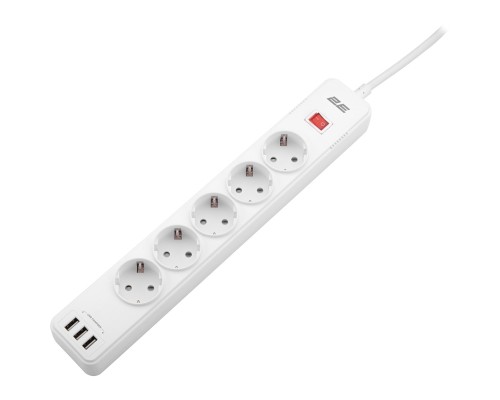 Мережевий фільтр живлення 2E 5XSchuko, 3G*1.5мм, 3*USB-A, 2м, white (2E-SP515M2USBWH)