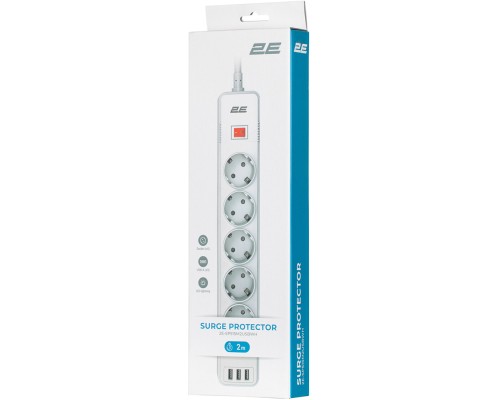Мережевий фільтр живлення 2E 5XSchuko, 3G*1.5мм, 3*USB-A, 2м, white (2E-SP515M2USBWH)