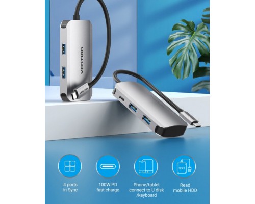 Концентратор Vention USB3.1 Type-C --> USB 3.0x4/PD 100W Hub 5-in-1 (TNBHB)