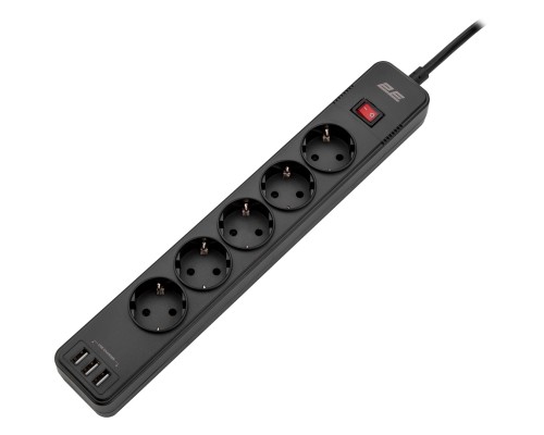 Мережевий фільтр живлення 2E 5XSchuko, 3G*1.5мм, 3*USB-A, 2м, black (2E-SP515M2USBBK)