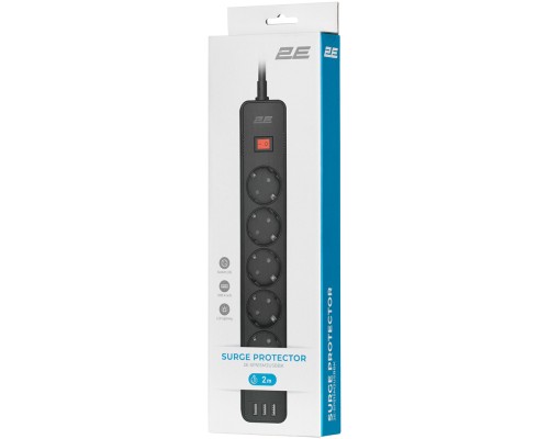 Мережевий фільтр живлення 2E 5XSchuko, 3G*1.5мм, 3*USB-A, 2м, black (2E-SP515M2USBBK)