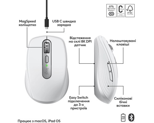 Мишка Logitech MX Anywhere 3S для MAC Wireless Pale Grey (910-006946)