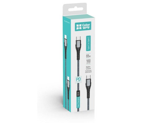 Дата кабель USB-C to USB-C 1.0m PD Fast Charging 65W 3А grey ColorWay (CW-CBPDCC040-GR)