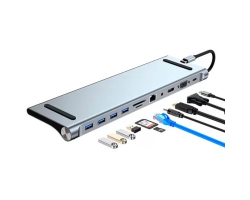 Порт-реплікатор Dynamode 11-in-1 USB-C to HDTV 4K/30Hz, VGA, 1хUSB3.0, RJ45, Type-C PD, Audio, SD/MicroSD (BYL-2003)