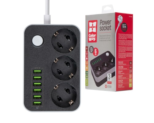 Мережевий фільтр живлення ColorWay CW-CHЕ36B, 3 розетки/6USB Black 1.8M (CW-CHE36B)