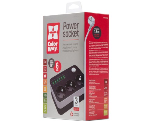 Мережевий фільтр живлення ColorWay CW-CHЕ36B, 3 розетки/6USB Black 1.8M (CW-CHE36B)