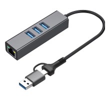 Концентратор USB 3.0 Type-C/Type-A to RJ45 Gigabit Lan, 3*USB 3.0, cable 13 cm Dynamode (DM-AD-GLAN-U3)