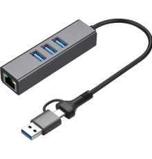 Концентратор USB 3.0 Type-C/Type-A to RJ45 Gigabit Lan, 3*USB 3.0, cable 13 cm Dynamode (DM-AD-GLAN-U3)
