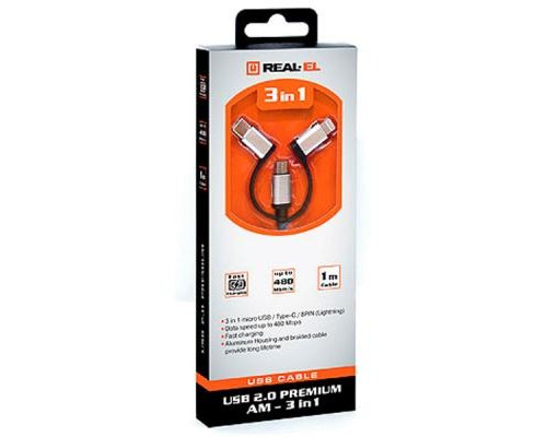 Дата кабель USB 2.0 AM to 3in1 1.0m Premium black REAL-EL (EL123500035)