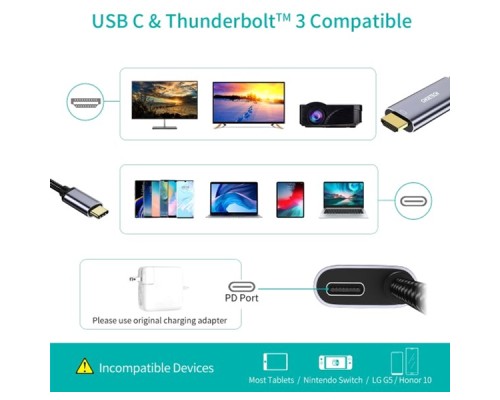 Перехідник USB-C to HDMI 1.8m 4K60Hz Choetech (XCH-M180GY)