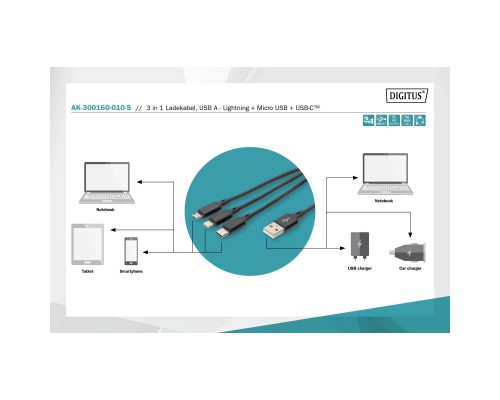 Дата кабель USB 2.0 AM to Lightning + Micro 5P + Type-C 1.0m charge only Digitus (AK-300160-010-S)