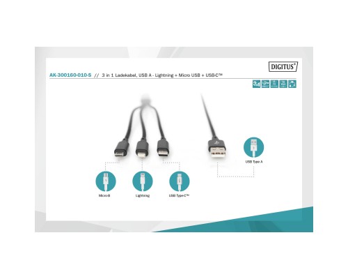Дата кабель USB 2.0 AM to Lightning + Micro 5P + Type-C 1.0m charge only Digitus (AK-300160-010-S)