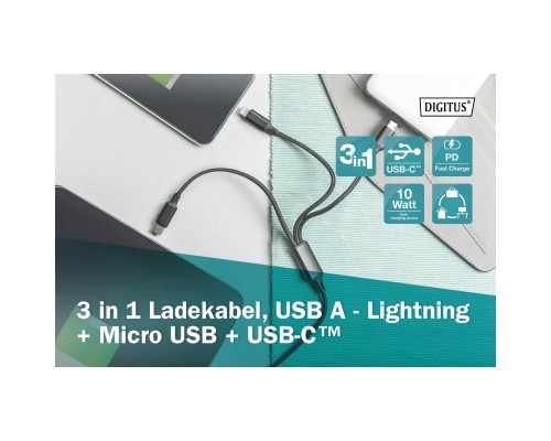 Дата кабель USB 2.0 AM to Lightning + Micro 5P + Type-C 1.0m charge only Digitus (AK-300160-010-S)