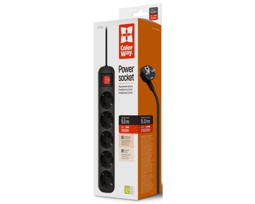 Мережевий фільтр живлення ColorWay CW-PSEA55BK, 5 розеток/ 5M black (CW-PSEA55BK)
