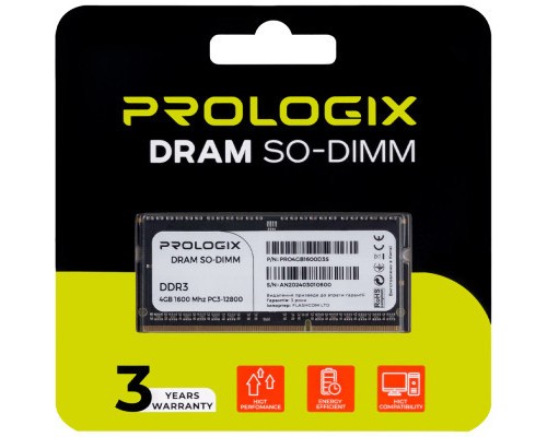 Модуль пам'яті для ноутбука SoDIMM DDR3 4GB 1600 MHz Prologix (PRO4GB1600D3S)