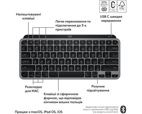 Клавіатура Logitech MX Keys Mini для MAC Wireless UA Space Grey (920-012652)