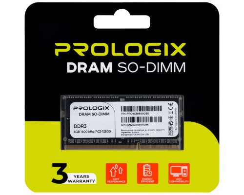 Модуль пам'яті для ноутбука SoDIMM DDR3 8GB 1600 MHz Prologix (PRO8GB1600D3S)