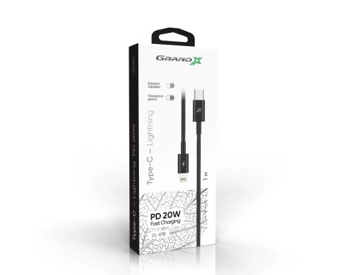 Дата кабель USB-C to Lightning 20W CL-07B Black Grand-X (CL-07B)