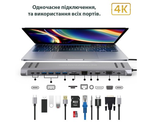 Порт-реплікатор XoKo 14-in-1 Dock USB-C (HDMI/VGA/USB3.0/.../USB-C PD/RJ45/..) (XK-AC1400-SL)