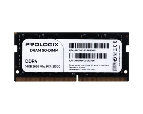 Модуль пам'яті для ноутбука SoDIMM DDR4 16GB 2666 MHz Prologix (PRO16GB2666D4S)