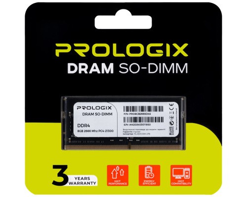 Модуль пам'яті для ноутбука SoDIMM DDR4 8GB 2666 MHz Prologix (PRO8GB2666D4S)
