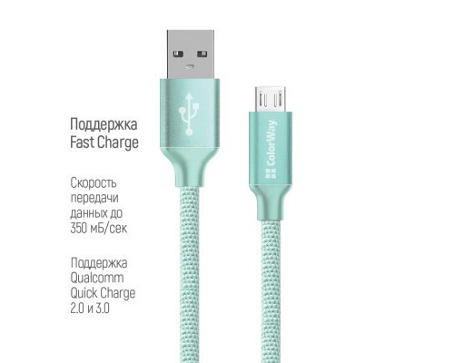 Дата кабель USB 2.0 AM to Micro 5P 2.0m mint ColorWay (CW-CBUM009-MT)
